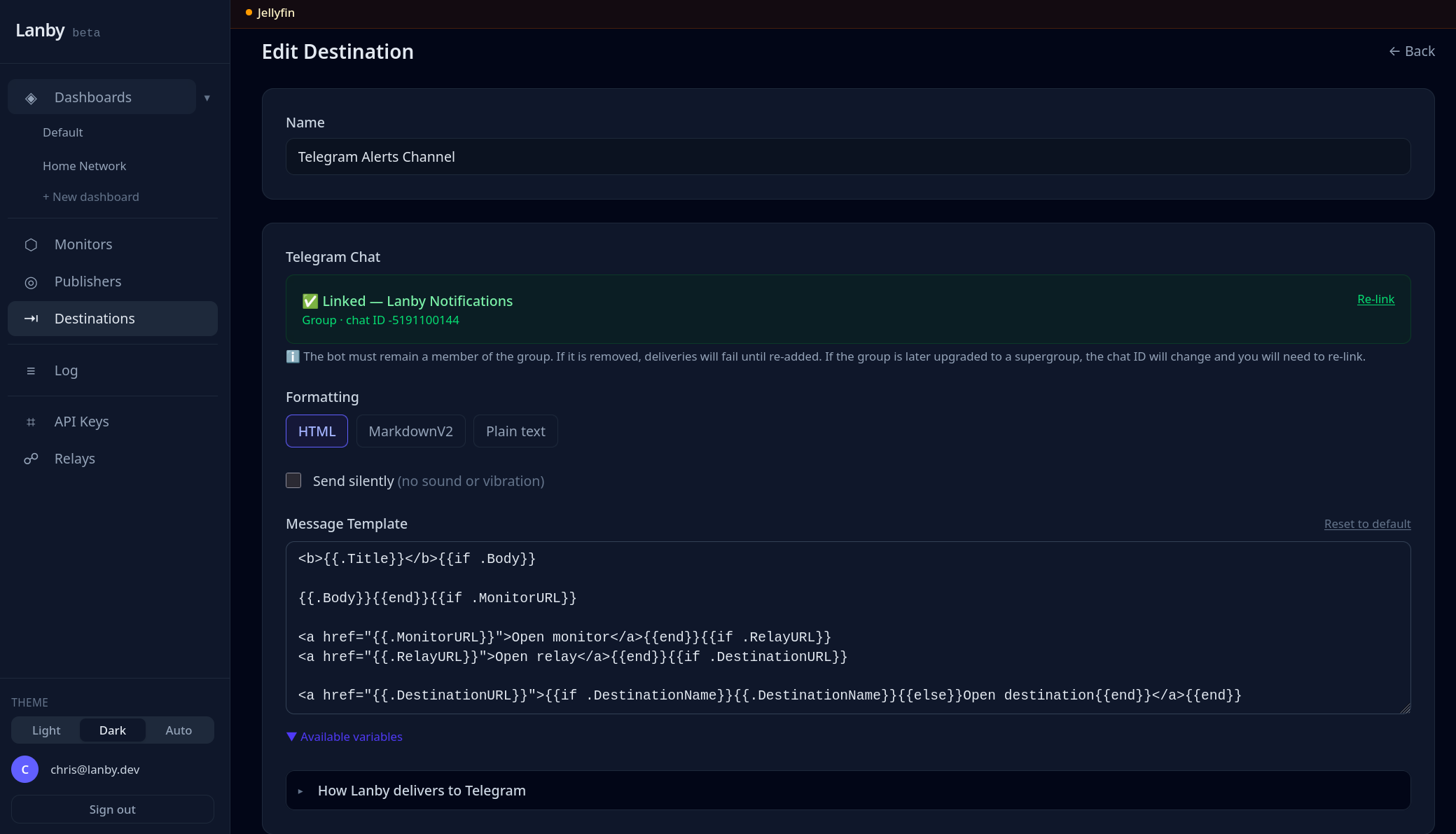 Lanby destination configuration for Telegram with message template